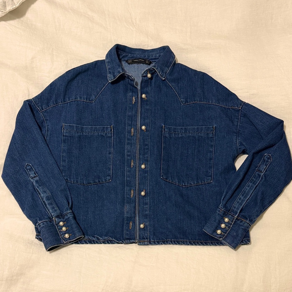 Zara denim shacket with faux pearl buttons